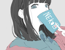Rule 34 | 1girl, black hair, blue eyes, blue shirt, blunt bangs, card, cat-shaped pupils, choppy bangs, collared shirt, covering own mouth, grey background, highres, holding, holding card, jacket, long hair, looking at viewer, nocopyrightgirl, open clothes, open jacket, original, pale skin, portrait, red jacket, shirt, sidelocks, simple background, solo, symbol-shaped pupils