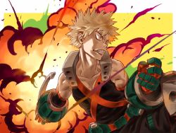 Rule 34 | 1boy, angry, bakugou katsuki, belt, blonde hair, boku no hero academia, clenched teeth, commentary request, explosion, explosive, fang, gauntlets, gloves, grenade, highres, looking away, male focus, muscular, muscular male, pectoral cleavage, pectorals, red eyes, sleeveless, solo, spiked hair, teeth, two-tone background, utility belt, white background, yellow background, yomoyama yotabanashi