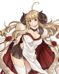 Rule 34 | 1girl, ahoge, anila (granblue fantasy), black skirt, blonde hair, blunt bangs, breasts, cape, cleavage, cowboy shot, cradle (2849), detached collar, draph, elbow gloves, fur-trimmed cape, fur trim, gloves, granblue fantasy, highres, horns, large breasts, long hair, looking at viewer, midriff, miniskirt, pleated skirt, red cape, sheep horns, short eyebrows, skirt, smile, solo, thick eyebrows, thighhighs, wavy hair, white gloves, white thighhighs, yellow eyes