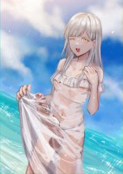 Rule 34 | 1futa, artist request, breasts, dress, futanari, huge penis, large penis, long hair, nipples, original, penis, see-through, silver hair, small breasts, solo, standing, tagme, wet, wet clothes, yellow eyes