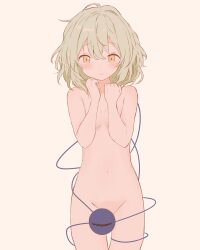 Rule 34 | 1girl, absurdres, alternate eye color, blush, breasts, censored, clenched hands, closed mouth, commentary request, completely nude, covering breasts, covering crotch, covering privates, cowboy shot, embarrassed, frown, green eyes, green hair, groin, hair between eyes, hands up, highres, iris-san, komeiji koishi, looking at viewer, medium hair, navel, no headwear, novelty censor, nude, simple background, small breasts, solo, standing, straight-on, tears, third eye, touhou, yellow eyes