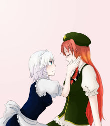 Rule 34 | 2girls, bad id, bad pixiv id, blue eyes, female focus, hand on another&#039;s cheek, hand on another&#039;s face, hat, hong meiling, hyc, izayoi sakuya, long hair, moshikuha hiyako, multiple girls, red hair, short hair, silver hair, sleeping, embodiment of scarlet devil, touhou