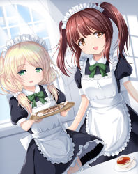 Rule 34 | 2girls, :d, alternate costume, apron, black dress, blonde hair, blue sky, blush, bow, breasts, brown eyes, brown hair, cloud, collared dress, commentary request, cookie, cup, curtains, day, dress, dutch angle, enmaided, food, frilled apron, frills, garter straps, green bow, green eyes, hair ornament, hair over shoulder, highres, holding, holding tray, idolmaster, idolmaster cinderella girls, indoors, long hair, looking at viewer, low twintails, maid, maid apron, maid headdress, multiple girls, ogata chieri, open mouth, puffy short sleeves, puffy sleeves, saucer, short sleeves, sky, small breasts, smile, tea, teacup, thighhighs, transparent, tray, twintails, u2 (5798239), white apron, white legwear, window, yusa kozue