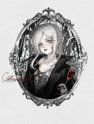 1girl absurdres alternate_costume beiji_shutiao black_jacket blood blood_on_face border cup drinking_glass green_eyes grey_background grey_hair hair_bun hand_up highres holding holding_cup jacket medium_hair open_mouth ornate_border oval_image pale_skin reverse:1999 round_border shirt single_side_bun solo teeth upper_body upper_teeth_only vertin_(reverse:1999) white_shirt wine_glass