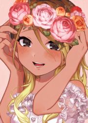 Rule 34 | 1girl, alternate costume, black eyes, blonde hair, blush, brown hair, buttons, dress, eyes visible through hair, flower, gradient hair, head wreath, heart button, highres, idolmaster, idolmaster shiny colors, izumi mei, long eyelashes, long hair, looking at viewer, multicolored hair, off-shoulder dress, off shoulder, pink background, sasasasa, simple background, smile, solo, tan