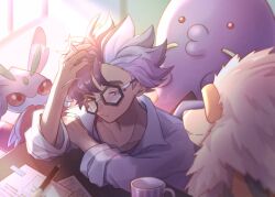 Rule 34 | 1boy, arcanine, blurry, closed mouth, coat, commentary request, creatures (company), cup, fang, fang out, game freak, gen 1 pokemon, gen 3 pokemon, gen 7 pokemon, glasses, half-closed eye, highres, jacq (pokemon), looking down, lurantis, male focus, messy hair, mug, multicolored hair, nintendo, one eye closed, paper, pen, pokemon, pokemon (creature), pokemon sv, short hair, sioinari 03, split-color hair, swalot