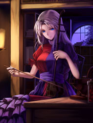 Rule 34 | 1girl, absurdres, asymmetrical clothes, blue eyes, bottle, breasts, commentary request, dress, erhu, frilled skirt, frills, hair intakes, highres, indoors, instrument, kirieroido iii, long dress, long hair, long skirt, looking at viewer, medium breasts, music, petticoat, playing instrument, puffy short sleeves, puffy sleeves, round window, sash, shamisen, short sleeves, silver hair, skirt, smile, solo, teapot, touhou, window, yagokoro eirin