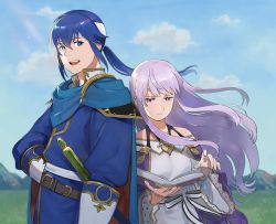 Rule 34 | 1girl, blue eyes, blue hair, blush, brother and sister, cape, circlet, dress, fire emblem, fire emblem: genealogy of the holy war, gloves, jewelry, julia (fire emblem), kyufe, light purple hair, long hair, looking at viewer, nintendo, open mouth, ponytail, purple eyes, purple hair, seliph (fire emblem), short hair, siblings, smile, very long hair