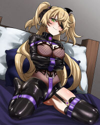 1girl absurdres bdsm bed blonde_hair blush bodystocking bondage bound bound_knees bound_wrists breasts eyepatch fischl_(genshin_impact) fishnet_top fishnets garter_straps genshin_impact green_eyes hair_over_one_eye highres long_hair looking_at_viewer medium_breasts pap_paprika pillow shiny_clothes single_leg_pantyhose single_thighhigh sitting smile solo thighhighs two_side_up wariza