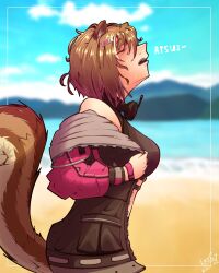 Rule 34 | 1girl, animal ears, ayunda risu, ayunda risu (cyberpunk), beach, blue sky, blurry, blurry background, breasts, brown hair, closed eyes, cloud, day, hair between eyes, hair ornament, headset, highres, hololive, hololive indonesia, hot, jacket, lazcy 505, looking up, medium breasts, midriff peek, mountainous horizon, multicolored hair, off shoulder, open clothes, open jacket, open mouth, signature, sky, squirrel ears, squirrel girl, squirrel tail, sweat, tail, tank top, upper body, virtual youtuber