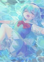 Rule 34 | afloat, blue dress, blue hair, bow, bowtie, cirno, closed eyes, dress, highres, in water, lying, medium hair, mozu (tamakonnyaku), on back, open mouth, outstretched arms, red bow, red bowtie, short sleeves, solo, spread arms, teeth, touhou, upper teeth only, white hair