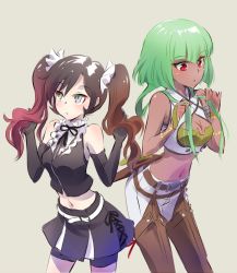 Rule 34 | 2girls, black hair, breasts, brown hair, changing hairstyle, check commentary, cleavage, cleavage cutout, clothing cutout, commentary request, emerald sustrai, gothic lolita, green hair, streaked hair, iesupa, lolita fashion, multicolored hair, multiple girls, navel, neo politan, pink hair, red eyes, rwby, short hair with long locks