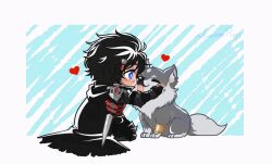 Rule 34 | 1boy, ^ ^, animal, animated, animated gif, black cape, black hair, blinking, blue eyes, blush, cape, chibi, clive rosfield, closed eyes, facial hair, final fantasy, final fantasy xvi, grey wolf, nyankorafs, petting, short hair, sitting, sword, tail, tail wagging, torgal (ff16), weapon, weapon on back, wolf