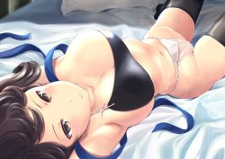 Rule 34 | 10s, 1girl, armpits, arms up, bed, bed sheet, black thighhighs, breasts, brown hair, fundoshi, groin, hair pulled back, japanese clothes, kaga (kancolle), kantai collection, large breasts, looking at viewer, midriff, muneate, naked muneate, no bra, parted lips, skindentation, solo, thighhighs, thighs, upside-down, wa (genryusui), yellow eyes