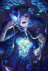 Rule 34 | 1girl, absurdres, ahoge, bandaged arm, bandaged neck, bandages, blue butterfly, blue eyes, blue flower, blue hair, blue nails, blue shirt, blue theme, blue wings, breasts, bug, butterfly, collared shirt, dress shirt, feathered wings, flower, head wings, highres, holding, insect, looking at animal, medium breasts, mirage (rairudiseu), nail polish, open mouth, original, paint on body, paint splatter, paint splatter on face, revision, shirt, short hair, solo, standing, teeth, wings