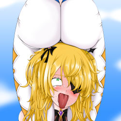 Rule 34 | 2girls, absurdres, artist request, ass, bare shoulders, blonde hair, blush, eyepatch, fischl (genshin impact), from behind, genshin impact, green eyes, hair ribbon, headlock, highres, huge ass, jean (genshin impact), long hair, multiple girls, open mouth, pants, ribbon, ryona, saliva, sweat, tight clothes, tight pants, tongue, tongue out, two side up