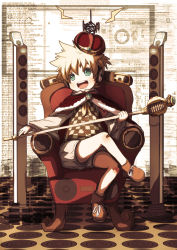 Rule 34 | 1boy, bandaid, bandaid on knee, bandaid on leg, blonde hair, blush, cape, chair, child, crossed legs, crown, digital media player, full body, green eyes, highres, ipod, itaru, kagamine len, male focus, microphone, open mouth, ponytail, short hair, short shorts, shorts, sitting, sleeves past wrists, smile, solo, speaker, throne, vocaloid