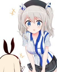 Rule 34 | 000 (jicasoe), 10s, absurdres, aged down, blonde hair, blue eyes, employee uniform, hairband, hat, highres, kantai collection, kashima (kancolle), lawson, long hair, open mouth, shimakaze (kancolle), silver hair, skirt, smile, twintails, uniform, wavy hair