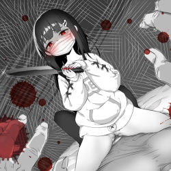 Rule 34 | 1boy, 1girl, absurdres, bed, black hair, blood, blush, bottomless, cleft of venus, dutch angle, girl on top, hair ornament, hairclip, heart, heart-shaped pupils, highres, holding, holding knife, ketchup k, knife, long hair, long sleeves, looking at viewer, lying, mask, mouth mask, nail polish, on back, on bed, original, pants, pov, pov hands, pussy, pussy juice, red eyes, red nails, shirt, sitting, sitting on person, solo focus, symbol-shaped pupils, uncensored, yandere