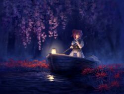 Rule 34 | 1girl, blue dress, boat, coin, commentary request, dark, dress, flower, full body, hair bobbles, hair ornament, highres, holding, holding oar, lantern, looking to the side, night, oar, obi, obidome, obijime, onozuka komachi, outdoors, red eyes, red flower, red hair, reflection, reflective water, sash, satellitedragon, scythe, short hair, solo, spider lily, touhou, two side up, watercraft