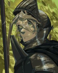 Rule 34 | armor, asta (black clover), black clover, clover, forest, full armor, green eyes, grey hair, highres, holding, holding polearm, holding weapon, knight, nature, polearm, versavea, weapon