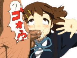 Rule 34 | 1boy, 1girl, ahegao, ass, blush, brown eyes, brown hair, censored, clothed female nude male, cum, cum in mouth, erection, fellatio, gorgonzola (paradisegom), hair ornament, hairclip, hetero, hirasawa yui, k-on!, nude, oral, penis, rolling eyes, saliva, school uniform, short hair, simple background, sweat, tears, testicles, text focus, translated