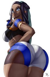 Rule 34 | 1girl, aqua hair, arcedo, ass, bare shoulders, black hair, blue eyes, blush, breasts, creatures (company), dark skin, from behind, game freak, highres, huge ass, large breasts, leaning, leaning forward, long hair, looking at viewer, multicolored hair, nessa (pokemon), nintendo, parted lips, pokemon, pokemon swsh, short shorts, shorts, sideboob, smile, solo, sports bra, thick thighs, thighs, very long hair, wide hips