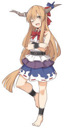 Rule 34 | 1girl, ankle wrap, bare arms, bare shoulders, barefoot, blue skirt, blush, bow, breasts, brown hair, commentary request, fang, hair bow, horn ornament, horn ribbon, horns, ibuki suika, long hair, looking at viewer, one eye closed, oni, open mouth, red bow, red eyes, ribbon, shirt, shiseki hirame, simple background, skirt, sleeveless, small breasts, smile, solo, standing, standing on one leg, touhou, very long hair, white background, white shirt
