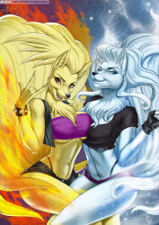 2girls alanscampos alolan_form alolan_ninetales animal_ears blonde_hair blue_eyes blue_hair bracelet breasts claws creatures_(company) dated eyelashes fire fox_ears fox_tail furry furry_female game_freak gen_1_pokemon gen_7_pokemon highres jewelry kitsune long_hair multiple_girls multiple_tails navel ninetales nintendo open_mouth orange_eyes pokemon pokemon_(creature) signature smile spiked_bracelet spikes tail