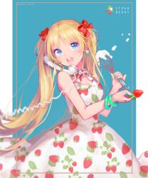 Rule 34 | 1girl, antique phone, artist name, blonde hair, blue background, blue eyes, bow, cooking, corded phone, cradling phone, cream, dress, earrings, english text, food, food print, fruit, gem, green bracelet, green gemstone, hair bow, holding, holding food, holding fruit, jewelry, leaf print, long dress, long hair, multiple bracelets, neck ribbon, original, phone, rapueru, red bow, ribbon, rotary phone, single earring, solo, strawberry, strawberry print, talking on phone, twintails, twitter username, very long hair, whisk, white dress