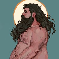 Rule 34 | 1boy, back hair, bara, beard, belly, dungeon meshi, dwarf, facial hair, fat, fat man, from side, full beard, hairy, highres, jessebrart, large pectorals, long beard, looking ahead, male focus, mature male, nipples, nude, pectorals, profile, senshi (dungeon meshi), solo, thick arm hair, thick beard, thick chest hair, thick mustache, thick navel hair, upper body, very hairy, very long beard