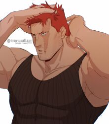 Rule 34 | 1boy, adjusting hair, arms up, bara, beard, beard stubble, black tank top, boku no hero academia, derivative work, endeavor (boku no hero academia), facial hair, frown, highres, large pectorals, looking ahead, male focus, mature male, muscular, muscular male, parted lips, pectoral cleavage, pectorals, scar, scar across eye, short hair, sideburns, sidepec, solo, spiked hair, stormcallart, striped tank top, stubble, tank top, thick eyebrows, upper body