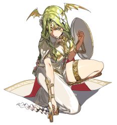 Rule 34 | 1girl, armor, blush, bracer, braid, braided ponytail, breastplate, breasts, cape, circlet, closed mouth, commentary, dress, english commentary, fire emblem, fire emblem: three houses, flower, full body, glaring, gold, hair between eyes, hair flower, hair ornament, hanny (uirusu chan), head wings, highres, holding, holding shield, holding sword, holding weapon, kneeling, light green hair, lips, long hair, looking at viewer, medium breasts, nintendo, on one knee, parted bangs, seiros (fire emblem), shield, sidelocks, simple background, solo, sword, thighlet, thighs, weapon, white background, white cape, white dress, white flower, wings, yellow eyes