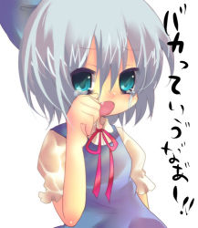 Rule 34 | 1girl, bad id, bad pixiv id, blue eyes, blue hair, bow, child, cirno, fang, female focus, hair bow, lowres, matching hair/eyes, open mouth, pochi-t, ribbon, short hair, silver hair, simple background, solo, tears, touhou, translated