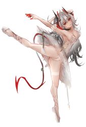 Rule 34 | 1girl, absurdres, ahoge, alternate costume, alternate hair length, alternate hairstyle, arknights, ballerina, ballet slippers, breasts, demon girl, demon horns, demon tail, dress, finger cots, full body, grey hair, hair between eyes, highres, horns, kaguura (kagu), large breasts, long hair, looking at viewer, pantyhose, parted lips, red eyes, simple background, solo, standing, standing on one leg, tail, tutu, w (arknights), white background, white dress, white footwear, white pantyhose