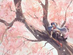 Rule 34 | 1girl, black skirt, blue hair, boots, cherry blossoms, commentary request, full body, ge dazuo, highres, hinanawi tenshi, holding, holding sword, holding weapon, long hair, red eyes, shirt, sitting on branch, skirt, sword, sword of hisou, touhou, tree, weapon, white shirt, wide shot