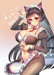 Rule 34 | 1girl, animal ears, bad id, bad pixiv id, black hair, bow, breasts, cat ears, collarbone, fishnets, gradient background, hair bow, iris yuma, large breasts, long hair, looking at viewer, maid, maid headdress, navel, necktie, orange background, pantyhose, paw pose, red bow, red eyes, smile, solo, soulworker, suerte, thighs, translation request