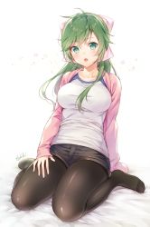 Rule 34 | 1girl, arm support, black pantyhose, blush, breasts, cardigan, collarbone, eyebrows, full body, green eyes, green hair, hair between eyes, hair ornament, hand on own thigh, highres, large breasts, long hair, looking at viewer, open mouth, original, pantyhose, shirt, short shorts, shorts, simple background, sitting, solo, thighs, tokki, wariza