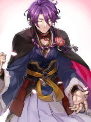 Rule 34 | 10s, 1boy, armor, bad id, bad pixiv id, clenched hand, cowboy shot, closed eyes, flower, japanese armor, japanese clothes, kasen kanesada, male focus, outstretched arm, petals, purple hair, ruchi, smile, solo, touken ranbu