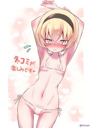 Rule 34 | 1girl, arms behind head, arms up, bare arms, bare shoulders, bikini, black hairband, blonde hair, blush, breasts, closed mouth, commentary request, cowboy shot, flying sweatdrops, groin, hair between eyes, hairband, heart, heart background, jashin-chan dropkick, micro bikini, muu rian, navel, nose blush, pekora (jashin-chan dropkick), side-tie bikini bottom, small breasts, solo, swimsuit, translation request, twitter username, wavy mouth, white bikini, yellow eyes