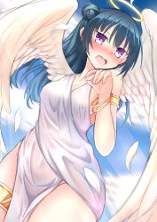 Rule 34 | 1girl, angel, angel wings, armlet, ayame shino, bad id, bad pixiv id, blue hair, blush, bracelet, covered navel, dress, feathered wings, feathers, hair bun, halo, hand up, highres, jewelry, long hair, looking at viewer, love live!, love live! school idol festival, love live! sunshine!!, nose blush, open mouth, pelvic curtain, purple eyes, see-through, side bun, single side bun, solo, thighlet, tsushima yoshiko, white dress, white feathers, white wings, wings