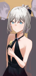Rule 34 | 1girl, an-94 (girls&#039; frontline), an-94 (silent rouge) (girls&#039; frontline), bare shoulders, black dress, blue eyes, breasts, closed mouth, cup, dress, drinking glass, girls&#039; frontline, glass, hair ornament, highres, holding, holding cup, long hair, looking at viewer, official alternate costume, platinum blonde hair, simple background, small breasts, solo, solokitsune, upper body, wine glass