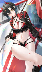 Rule 34 | 1girl, absurdres, azur lane, black choker, black footwear, black hair, black jacket, black panties, blush, breasts, car, chinese commentary, choker, closed mouth, commentary request, ear piercing, flag, hai binggan, highres, holding, holding flag, jacket, kneehighs, large breasts, long sleeves, looking at viewer, midriff, motor vehicle, navel, navel piercing, official alternate costume, open clothes, open jacket, outdoors, panties, piercing, race queen, short hair, smile, socks, solo, stomach, thighs, ulrich von hutten (azur lane), ulrich von hutten (ignition matrician) (azur lane), underwear, yellow eyes