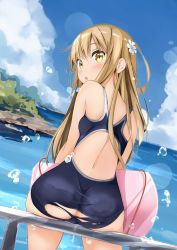 Rule 34 | 1girl, :o, ass, bare arms, bare shoulders, blue one-piece swimsuit, blue sky, blush, brown eyes, brown hair, cloud, competition school swimsuit, day, flower, from behind, hair between eyes, hair flower, hair ornament, highres, long hair, looking at viewer, looking back, miyuki (yxbt7), ocean, one-piece swimsuit, original, outdoors, resolution mismatch, school swimsuit, sky, solo, source smaller, swimsuit, thighs, torn clothes, torn swimsuit, water, water drop, wet, white flower