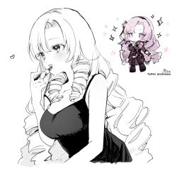 Rule 34 | 1girl, applying makeup, bare arms, bare shoulders, black dress, black footwear, black gloves, black thighhighs, blush, breasts, chibi, cleavage, commentary request, dress, drill hair, gloves, heart, highres, holding, hyakumantenbara salome, large breasts, lipstick, long hair, long sleeves, makeup, multiple views, nijisanji, parted bangs, parted lips, purple eyes, purple hair, shoes, signature, simple background, sofra, sparkle, teeth, thighhighs, twitter username, upper teeth only, very long hair, virtual youtuber, white background