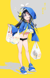 Rule 34 | 1girl, :p, bag, black hair, black shorts, blue footwear, blue hoodie, blush, bukurote, closed mouth, crop top, drawstring, full body, grey background, hair between eyes, highres, holding, holding bag, hood, hood up, hoodie, long hair, long sleeves, looking at viewer, micro shorts, midriff, navel, original, plastic bag, shoes, shorts, sleeves past wrists, smile, solo, standing, tongue, tongue out, translation request, transparent, two-tone background, very long hair, yellow background