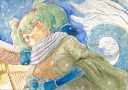 Rule 34 | 1girl, alcohol, blue hair, elbow gloves, fang, gloves, green hair, highres, japanese clothes, kemono friends, kimono, long hair, looking at viewer, multicolored hair, night, night sky, okyao, outdoors, ribbon, scarf, sky, snake tail, snow, solo, tail, twintails, two-tone hair, yamata no orochi (kemono friends), yellow eyes