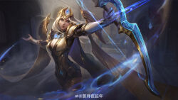 Rule 34 | 1girl, absurdres, architecture, arrow (projectile), artist name, ashe (league of legends), blue eyes, bow (weapon), breasts, championship ashe, cleavage, eyeshadow, fingernails, fog, fountain, grey hair, highres, holding, holding arrow, holding bow (weapon), holding weapon, indoors, large breasts, league of legends, long hair, looking to the side, luo yueye, makeup, official alternate costume, official alternate hairstyle, outstretched arms, parted lips, solo, standing, statue, weapon