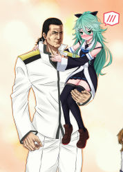 Rule 34 | 10s, 1boy, 2girls, admiral (kancolle), aura, black hair, black legwear, blush, brown eyes, brown hair, carrying, carrying person, child carry, choker, commentary request, dark aura, detached sleeves, gradient background, green eyes, green hair, hair between eyes, hair ornament, hair ribbon, hairclip, highres, inazuma (kancolle), k2 (hibiki09), kantai collection, long hair, low ponytail, multiple girls, pants, photobomb, plasma-chan (kancolle), pleated skirt, real life, ribbon, school uniform, serafuku, shoes, simple background, size difference, skirt, smile, spoken blush, steven seagal, thighhighs, when you see it, yamakaze (kancolle), zettai ryouiki