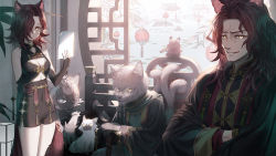Rule 34 | 1boy, 1girl, animal ears, architecture, arm behind back, braid, braided beard, breasts, brown hair, cane, cat, cat ears, chinese clothes, cleavage, crossed arms, day, east asian architecture, facial hair, fantasy, furry, glasses, gold trim, hair over one eye, highres, holding, holding paper, indoors, long hair, multiple tails, one eye closed, original, paper, scar, scar across eye, sho (sumika), sitting, small breasts, smile, tail, window, yellow eyes